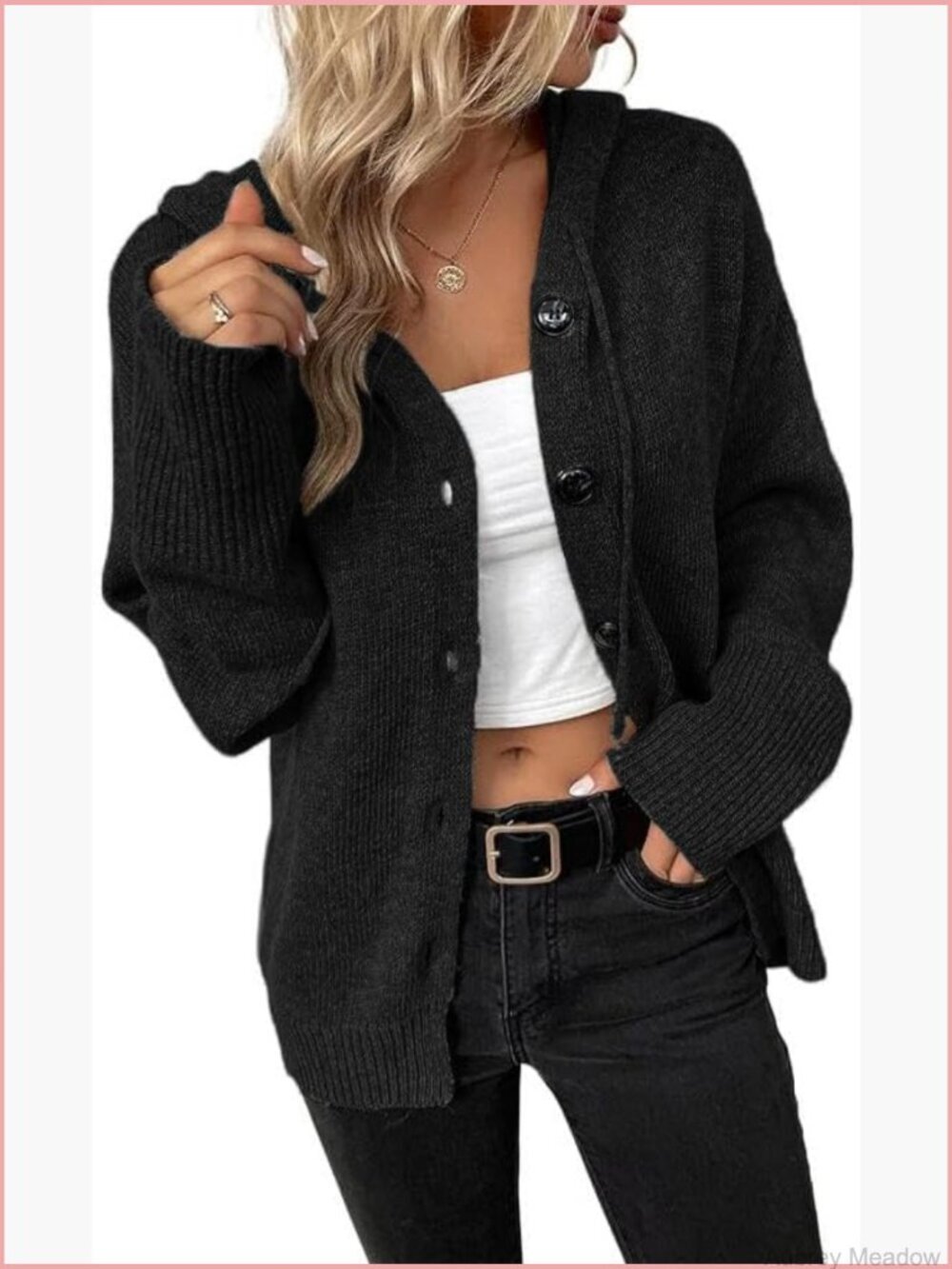 Open Front Hooded Button Down Cable Knit Cardigan Sweater Loose Fit Long Sleeve